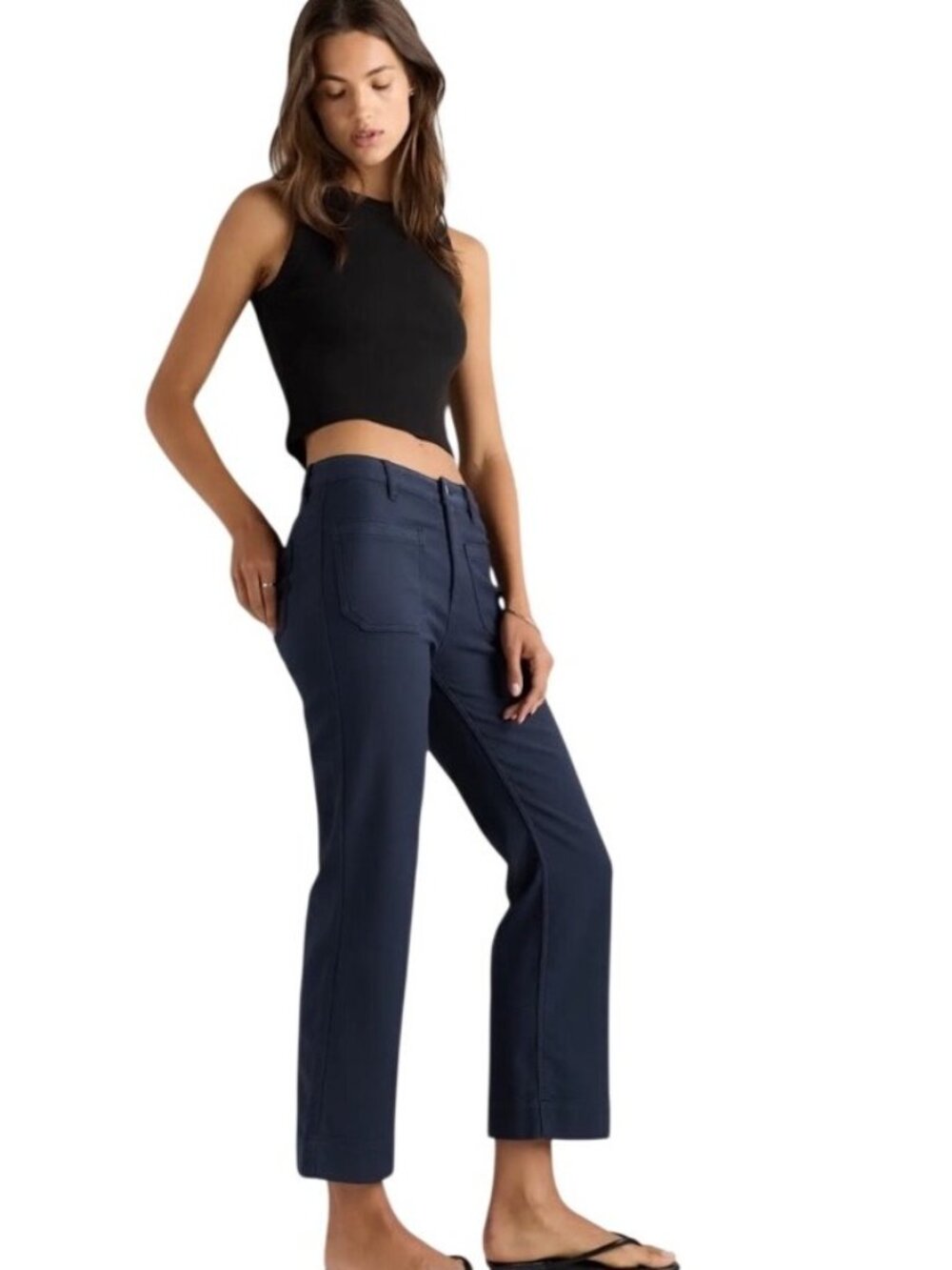 Quince French Terry Wide Leg Pants Deep Navy Front & Back patch Pockets size 12